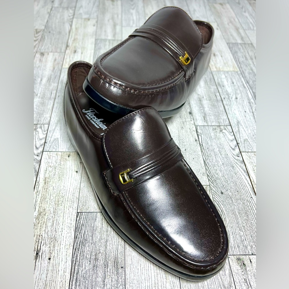 Florsheim Riva Moc Toe Gold Bit Brown Loafer Slip On Dress Shoes 10 3E Wide NWOT
